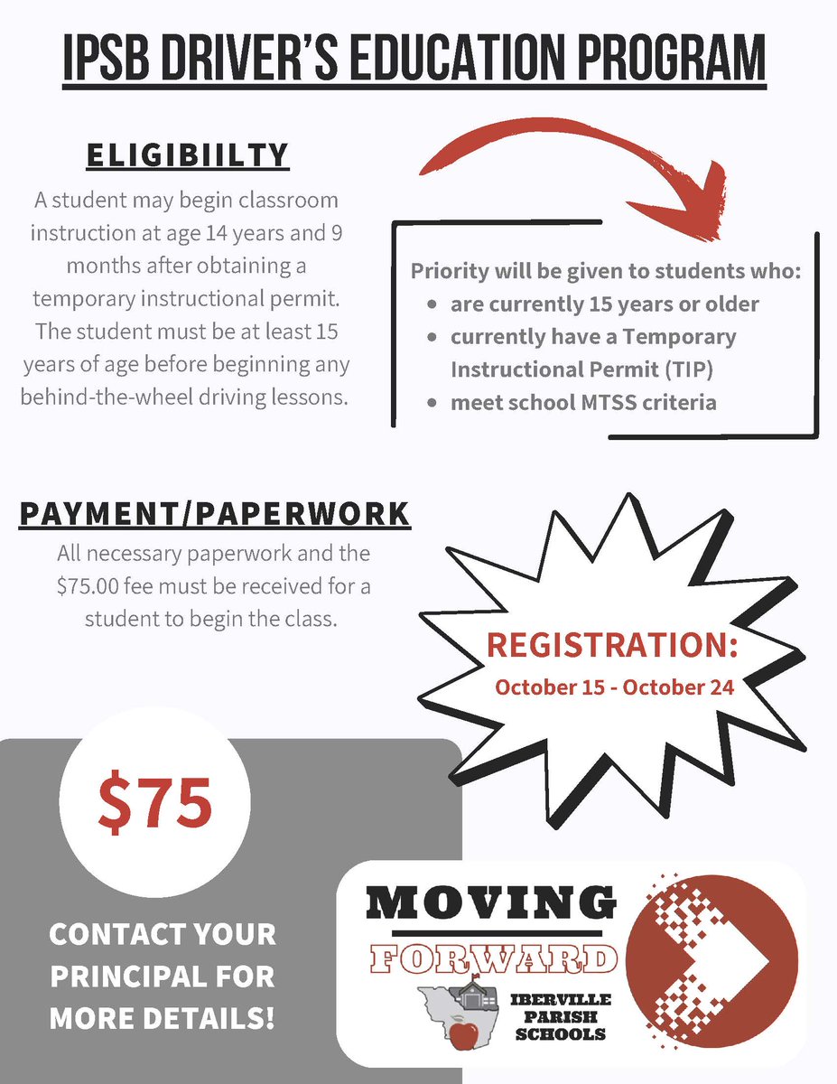 IPSB Driver’s Ed, in partnership with Go Team Driving School 
Registration opens October 15th!

Contact your school principal for info.

Session 1: Nov 22nd - 25th Dow YMCA, 305 Sugar Mill Rd, Addis

Session 2: Dec 27th - 30th Go Team Driving School, 5211 Essen Ln, Suite B, BR
