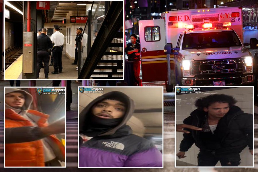 Composite image with four sections: top left shows a subway platform with red exit sign, stairs, and two men in dark clothing near train tracks; top right depicts an FDNY ambulance with flashing lights parked near the station entrance at night; bottom left features a hooded individual in orange clothing gesturing with arms extended; bottom right displays three surveillance photos of hooded suspects, one in purple jacket walking, another in black jacket with North Face logo, and a third in dark clothing on a street.
