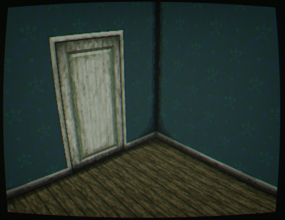 PS1 texturing continues. That door is probably a bit grungy for this particular room though. As per usual: Aseprite, Crocotile3d and Shader Glass.
