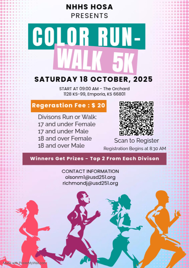 The NHHS HOSA Color Run is this Saturday, the 18th. Unfortunately, our previous QR code expired. This flyer is current. We hope to see you there!