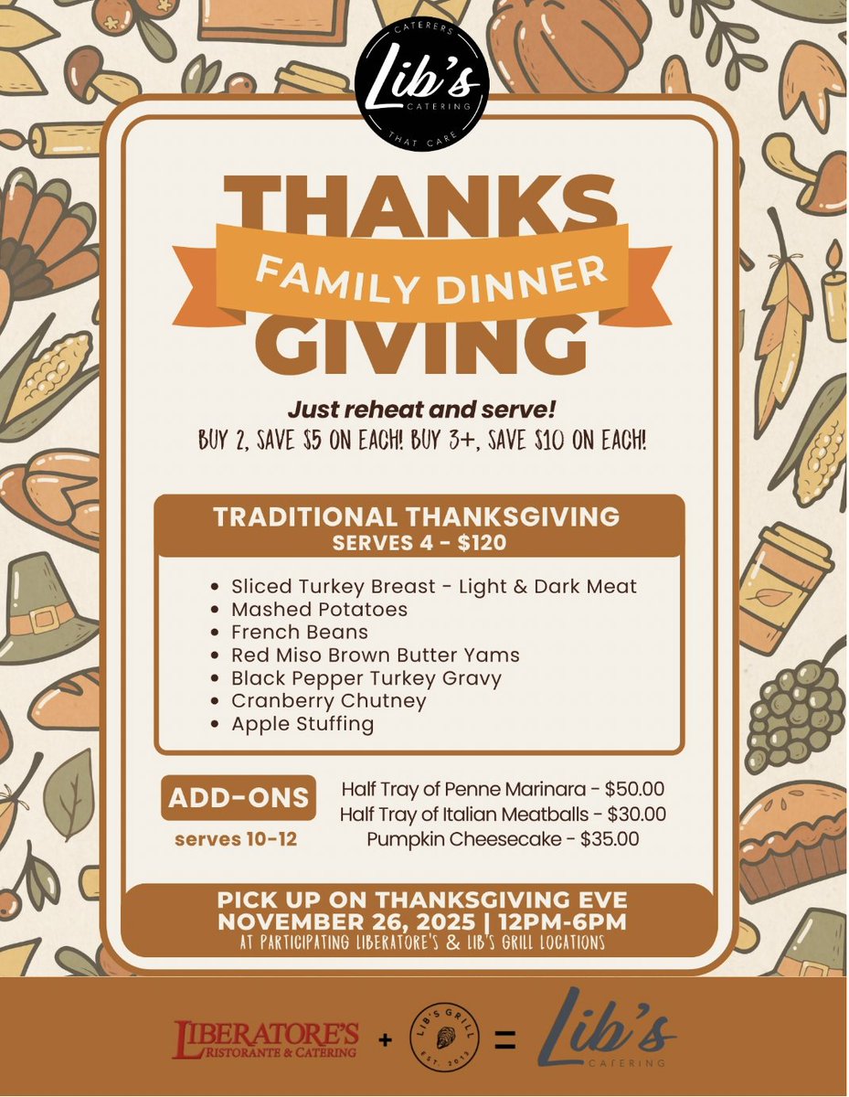 LibsGrillML's tweet image. Wow our Thanksgiving meals are going quick!!
Can you believe there are just 45 days till Thanksgiving?!? 
This holiday, skip the stress and savor the season with our chef-crafted Traditional Thanksgiving Carry-Out Package! 
🦃 Order Now: libscatering.ticketspice.com/thanksgiving-2…