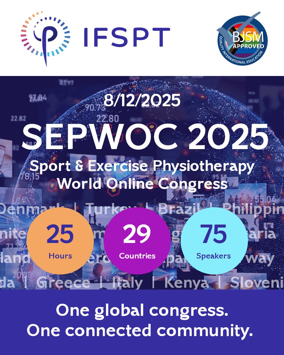 BJSM_BMJ's tweet image. 📢 #EventAnnouncement
Sport &amp;amp; Exercise Physiotherapy World Online Congress 🌐 #SEPWOC

BJSM approved ✅ More info and register 🔗 ifspt.org/sepwoc

On 8 December 2025, in celebration of 25 years of @IntFSPT, the Sport &amp;amp; Exercise Physiotherapy World Online Congress (SEPWOC)…