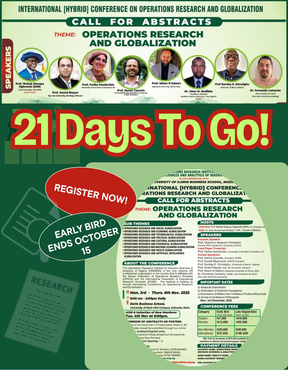 oridsansocial's tweet photo. π 21 DAYS TO GO!
8 exciting sub-themes covering Social, Economic, Technological, Political, Cultural, Environmental, ML, Health & AI Globalisation!
Submit your abstract: oridsan2@gmail.com
#ORIDSAN2025 #Research #Globalization #ORIDSAN https://t.co/sIupiI9R3n