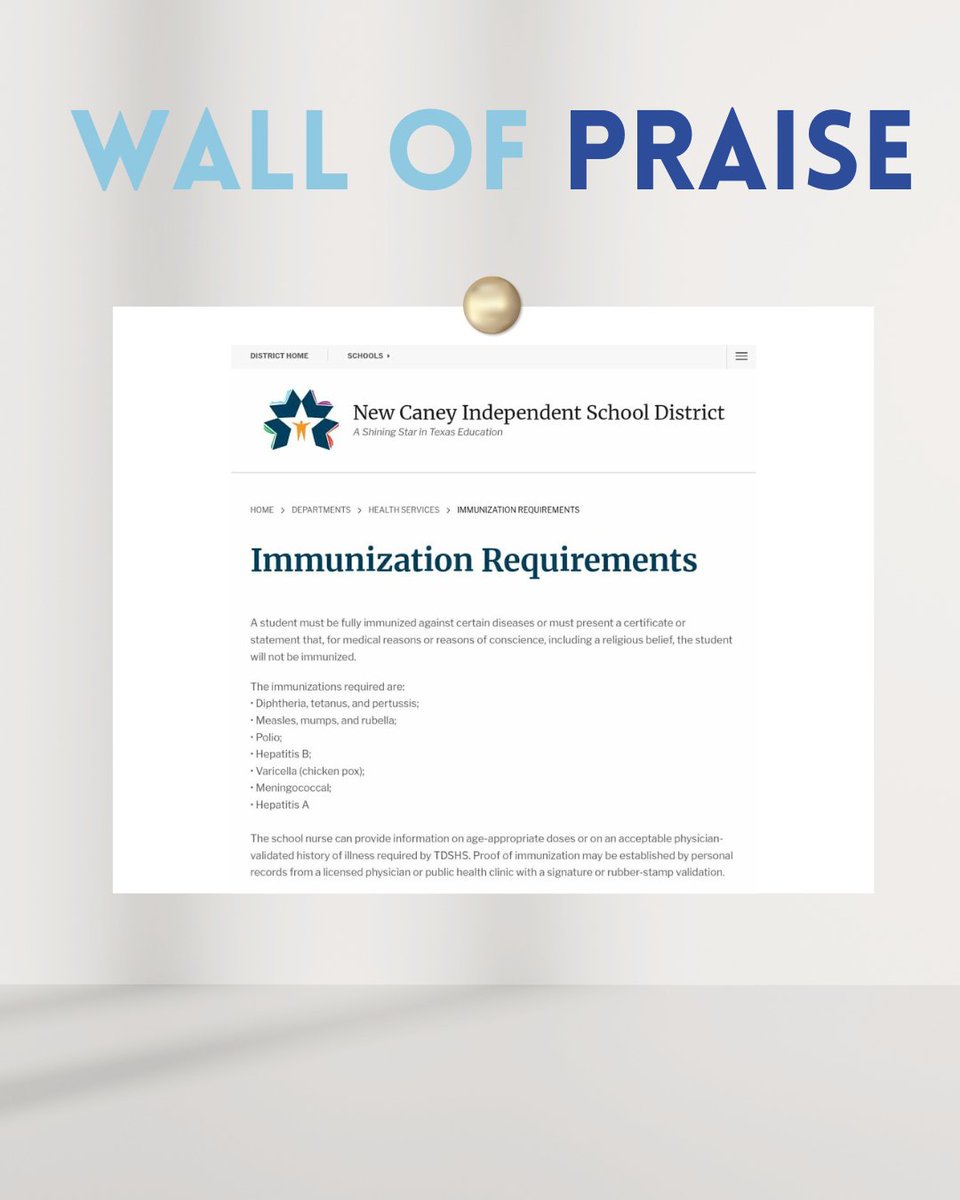 Thank you, <a href="/newcaneyisd/">New Caney ISD</a>  , for accurately informing your district parents of all of the options available to meet vaccine paperwork requirements &amp; providing information about exemptions. Well done! Gold stars all around! ⭐