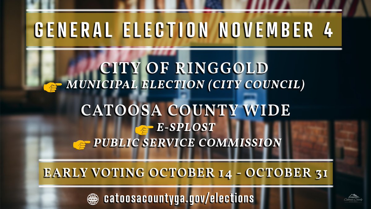 Early voting begins Tue. &amp; continues thu Oct. 31 w/elections for City of Ringgold, E-SPLOST &amp; Georgia Public Service Commission. More at: catoosacountyga.gov/elections
<a href="/catoosaconnects/">Catoosa County Chamber of Commerce</a> <a href="/CatoosaSchools/">Catoosa County Public Schools</a> <a href="/WRCBtv/">WRCB</a> <a href="/wdefnews12/">WDEF News 12</a> <a href="/newschannelnine/">WTVC NewsChannel 9</a> <a href="/Chattanoogancom/">Chattanoogan.com</a> <a href="/TimesFreePress/">Times Free Press</a>