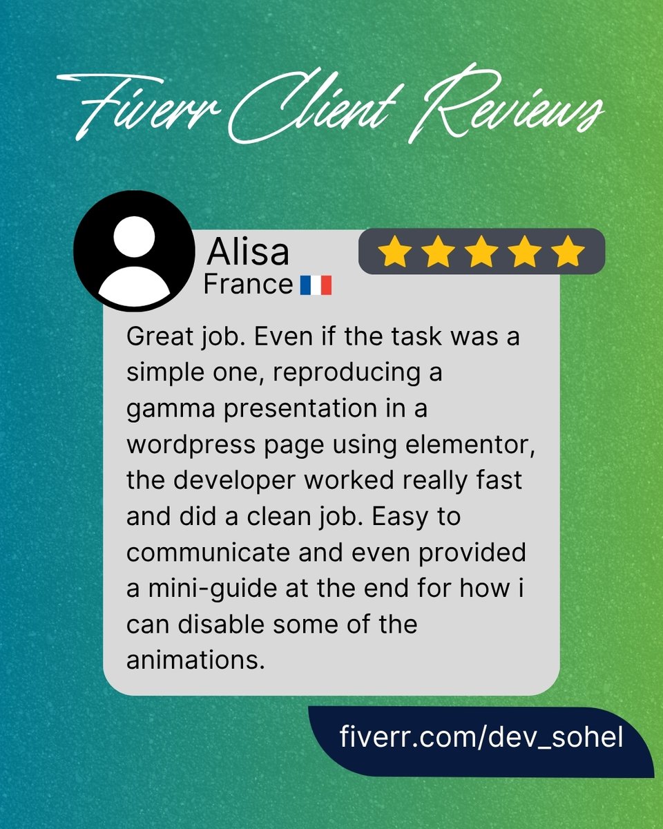 dev_sohel07's tweet image. Another happy client!
“Great job. Even if the task was a simple one reproducing a Gamma presentation in WordPress using Elementor — the developer worked really fast and did a clean job. Easy to communicate and even provided a mini-guide at the end.”
#Webdevelopment #Fiverr #Sohel