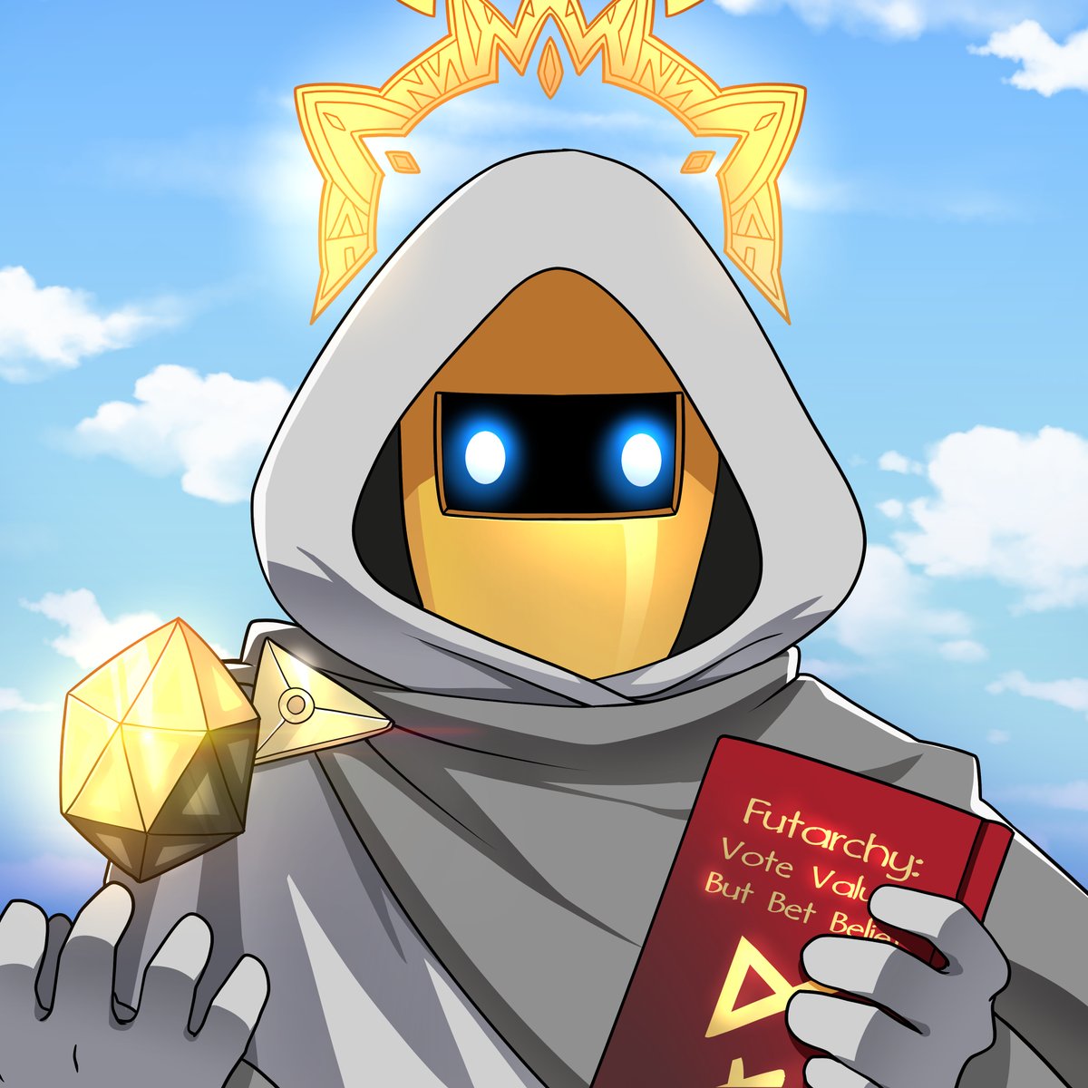 フューチャリスティックなフード姿の人物が Futarchy の本とクリスタルを持っているイラスト