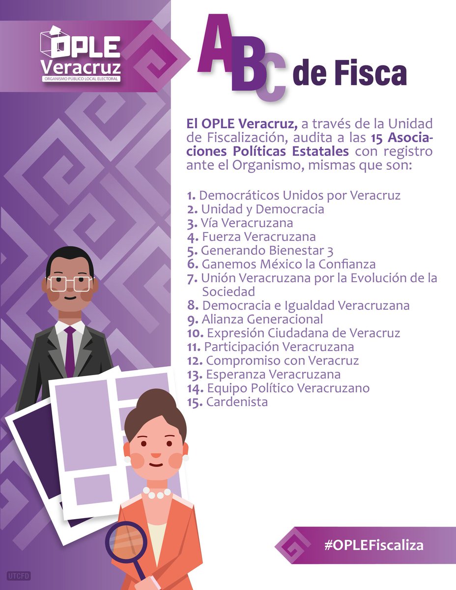 Conoce las 15 Asociaciones Políticas Estatales que audita el #OPLEVeracruz, a través de la Unidad de Fiscalización, que tienen registro ante el Organismo.

#OPLEFiscaliza