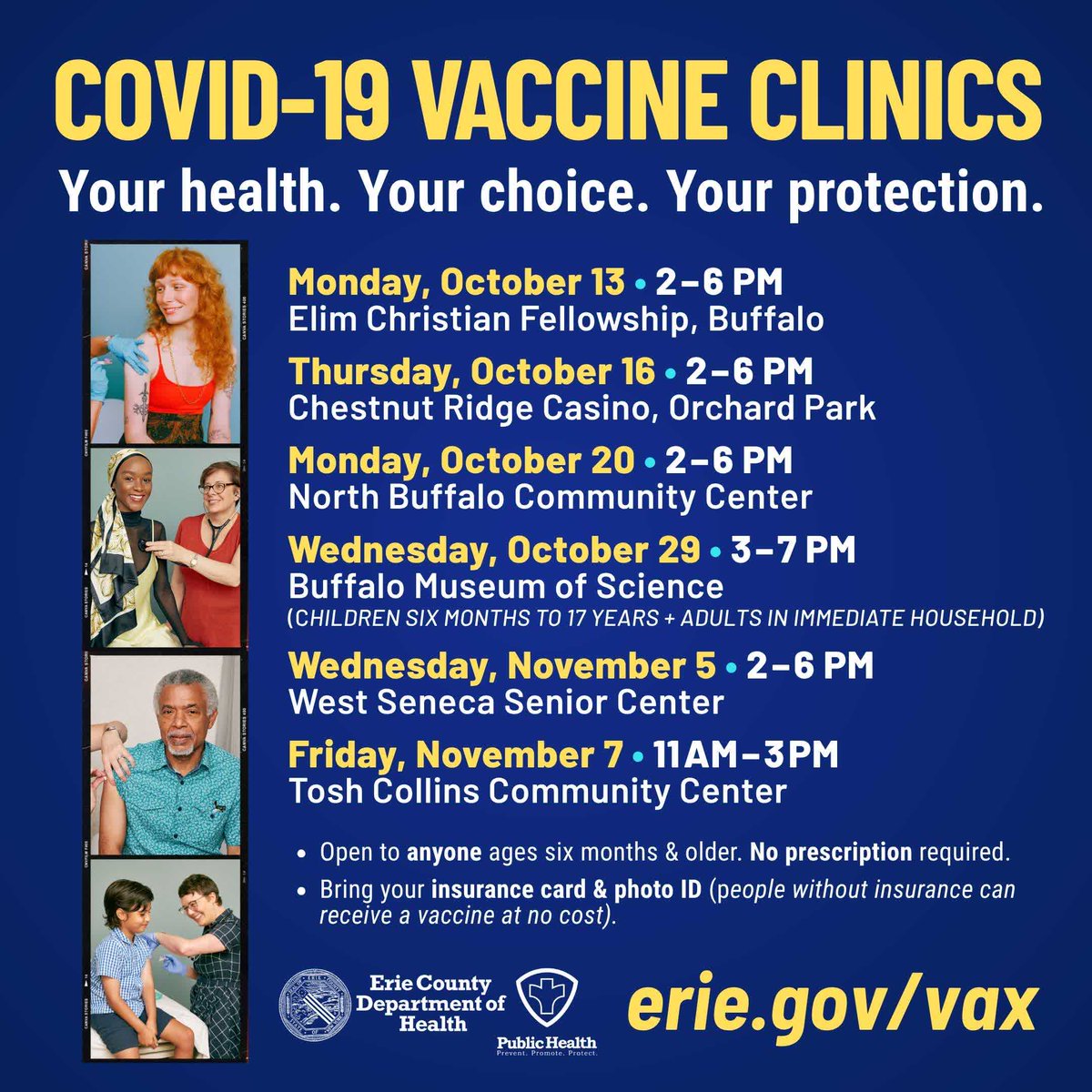 🏥 ECDOH added appointments to COVID-19 vaccine clinics on Oct. 13 &amp; 16 and has four additional clinics on Oct. 20 &amp; 29 / Nov. 5 &amp; 7. 

Walk-ins welcome; appointments encouraged. See graphic for more info, &amp; see full schedule &amp; register at: erie.gov/vax