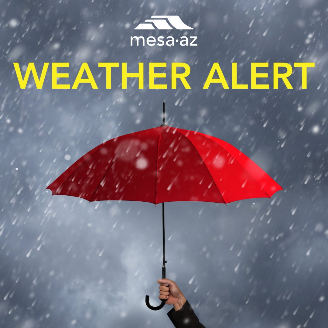 CITYOFMESA's tweet image. ⚠️ Weather Alert
A storm is moving through Mesa within the next hour. Expect heavy rain, lightning, and possible localized flooding near retention basins.
Please use caution on the roads, avoid flooded areas, and monitor City updates at my.mesaaz.gov/4nUQmh4.