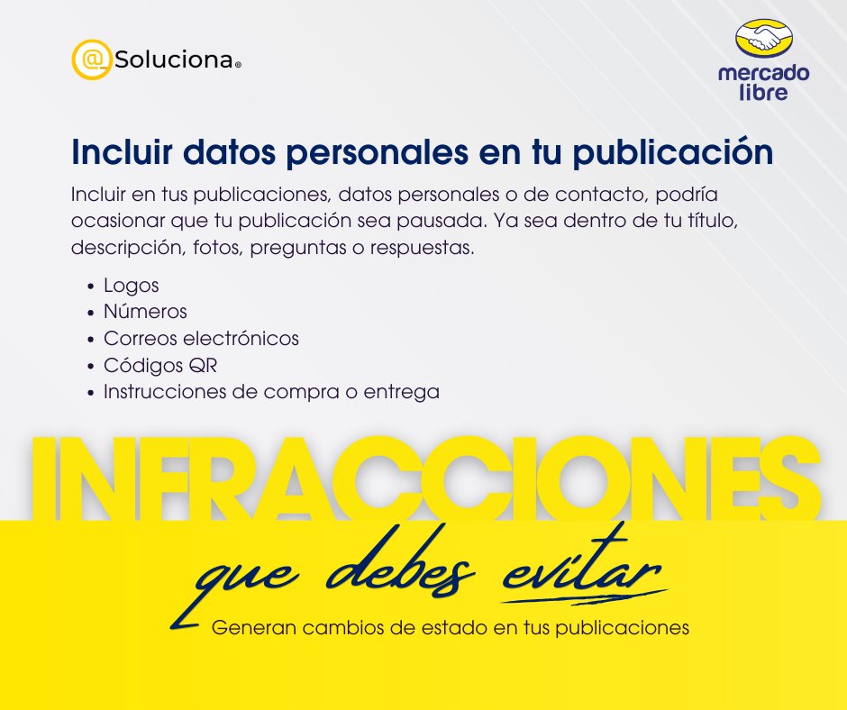 😬 A veces, las infracciones en Mercado Libre no son intencionales, pero igual tienen consecuencias.

Aquí algunas que debes evitar:

👉 Recuerda: la confianza del comprador es tu activo más valioso.

#VentasOnline #MercadoLibre #ConsultoresCertificados