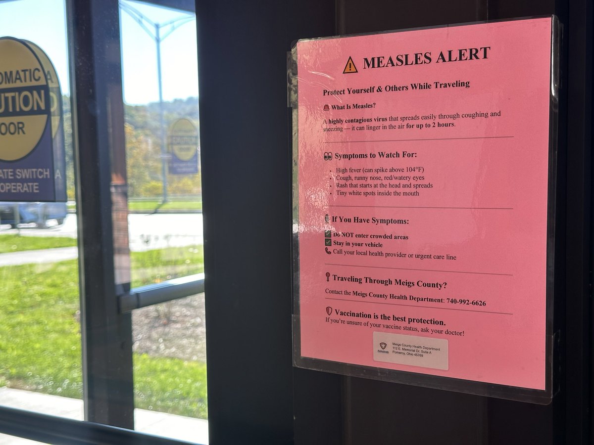 karenkasler's tweet photo. Seen at a rest stop in southern Ohio - a measles alert. A measles outbreak has been declared in central Ohio, and the CDC’s annual reported total of measles cases in the U.S. so far this year is the highest since the disease was declared eliminated in 2000 https://t.co/mqV90AzD51