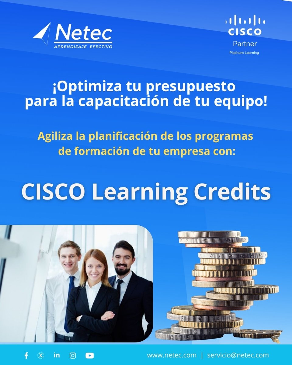 netec's tweet image. ¿Sabías que con los Cisco Learning Credits (CLCs) puedes maximizar el valor de tu inversión en formación? Los CLCs son créditos prepagados que puedes utilizar en #Netec para capacitarte en #Cisco.💻
Más información. ➡️ hubs.la/Q03Nk-Km0
#CiscoLearningCredits #NetecConecta