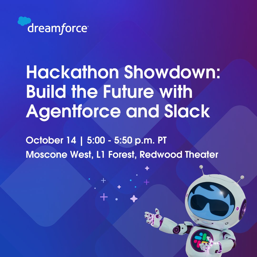 SalesforceDevs's tweet image. Attending #DF25 in-person? Don't miss the Hackathon Showdown. 🛠️
Finalists will go head-to-head and showcase their solutions with Agentforce and Slack for a chance to take home the $100K Grand Prize.
📅 Oct 14 at 5:00 p.m. PT
📍 Moscone West, L1 Forest, Redwood Theater
✅ Add…