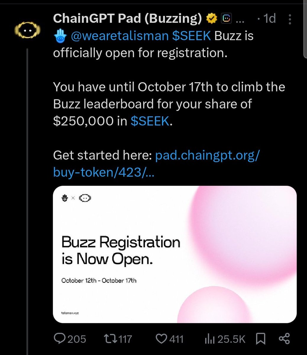 So Gm guys 

Information reaching me is that there’s a new project live on <a href="/ChainGPT_Pad/">ChainGPT Pad</a> called <a href="/wearetalisman/">Talisman</a> they’re currently running a campaign with a massive $250K reward pool in $SEEK tokens, and it’s only live for 5 days with about 4 days left now

Over the next few days,