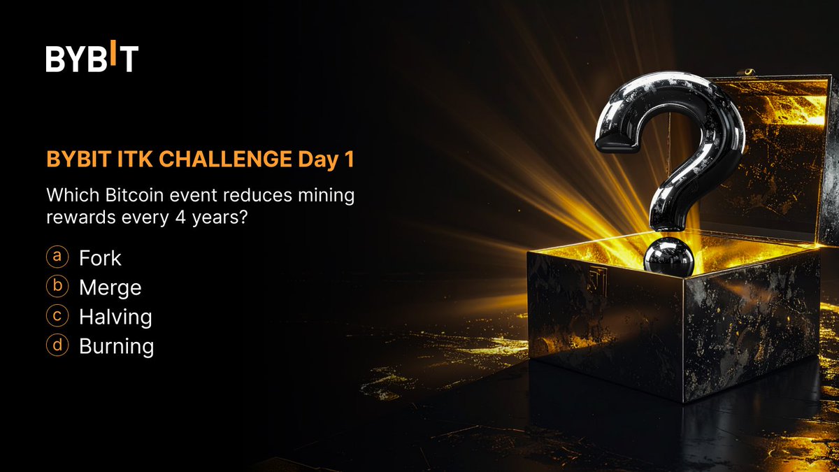 Bybit Africa (@bybitafrica) on Twitter photo #BybitITK Challenge DAY 1
📣Test your #Crypto knowledge and walk away with a slice of $300 in #BybitITK Challenge
QUESTION
🥳 Which Bitcoin event reduces mining rewards every 4 years?
To Join
1️⃣Follow <a href="/BybitAfrica/">Bybit Africa</a> and turn on 🔔
2️⃣Retweet this post and tag 3 friends
3️⃣Drop #BybitITK Challenge DAY 1
📣Test your #Crypto knowledge and walk away with a slice of $300 in #BybitITK Challenge
QUESTION
🥳 Which Bitcoin event reduces mining rewards every 4 years?
To Join
1️⃣Follow <a href="/BybitAfrica/">Bybit Africa</a> and turn on 🔔
2️⃣Retweet this post and tag 3 friends
3️⃣Drop