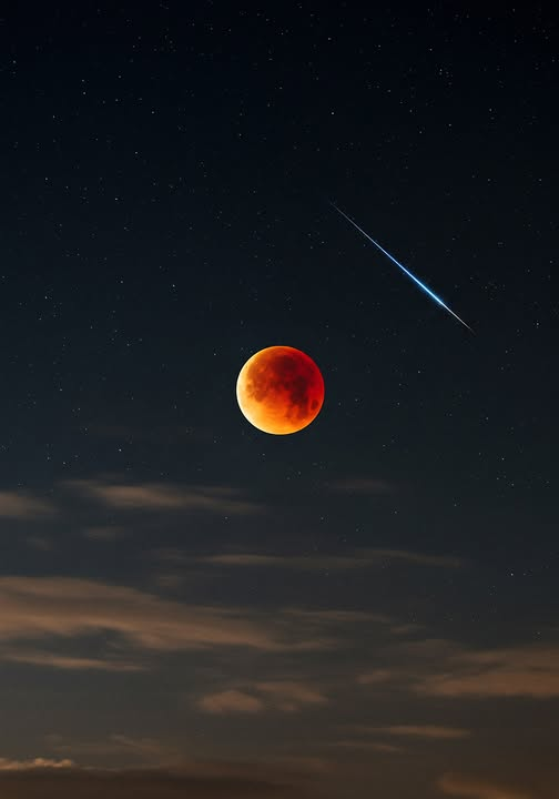 MartineLibolt's tweet photo. Photographiée par Elias Navarro, cette rare coïncidence cosmique met en valeur deux phénomènes célestes qui se produisent dans le même cadre - un moment fugace de pure magie astronomique. 
la Lune sanguine lors d'une éclipse lunaire totale, parfaitement alignée avec un météore. https://t.co/GSo4qFktG1