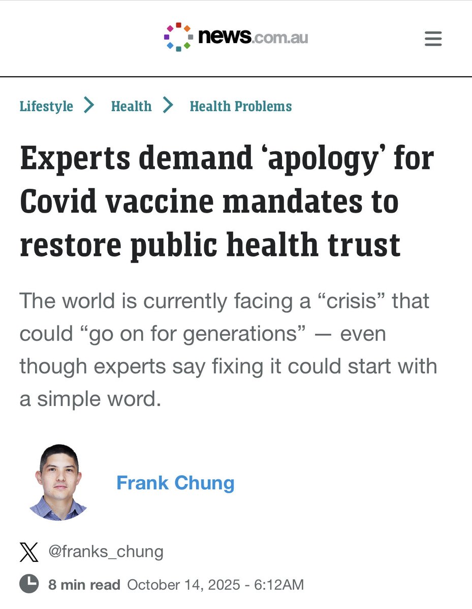 BREAKING AUSTRALIA 🔥🔥🔥

‘Experts demand ‘apology’ for Covid vaccine mandates to restore public health trust
The world is currently facing a “crisis” that could “go on for generations” — even though experts say fixing it could start with a simple word’ 

news.com.au/lifestyle/heal…