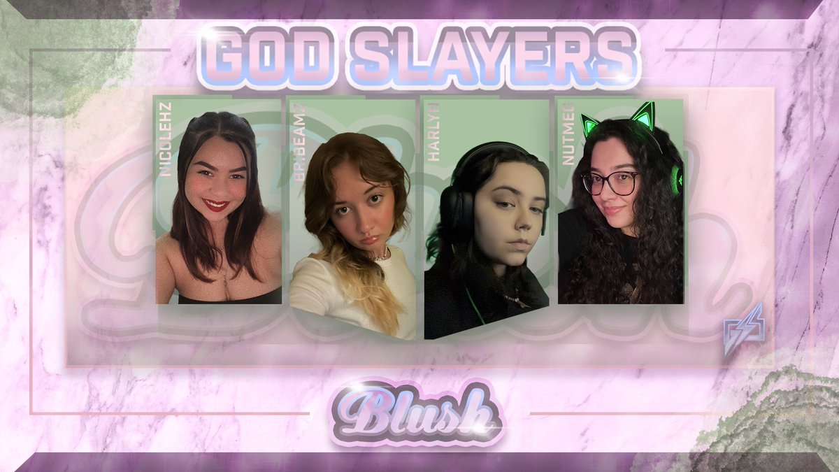 Introducing our cod female comp team opening up the gates to #BlackOps7 

- God Slayers Blush - 

💜<a href="/nutmegaf/">megs n bacon</a> - Captain 
💜<a href="/niccole_10/">nicolehz</a> 
💜@ThisIsHarlyn 
💜<a href="/BriBeamz/">Bri</a> 

Credits to <a href="/CandiiXO_/">Candii 🌸</a> for the banner 🌺