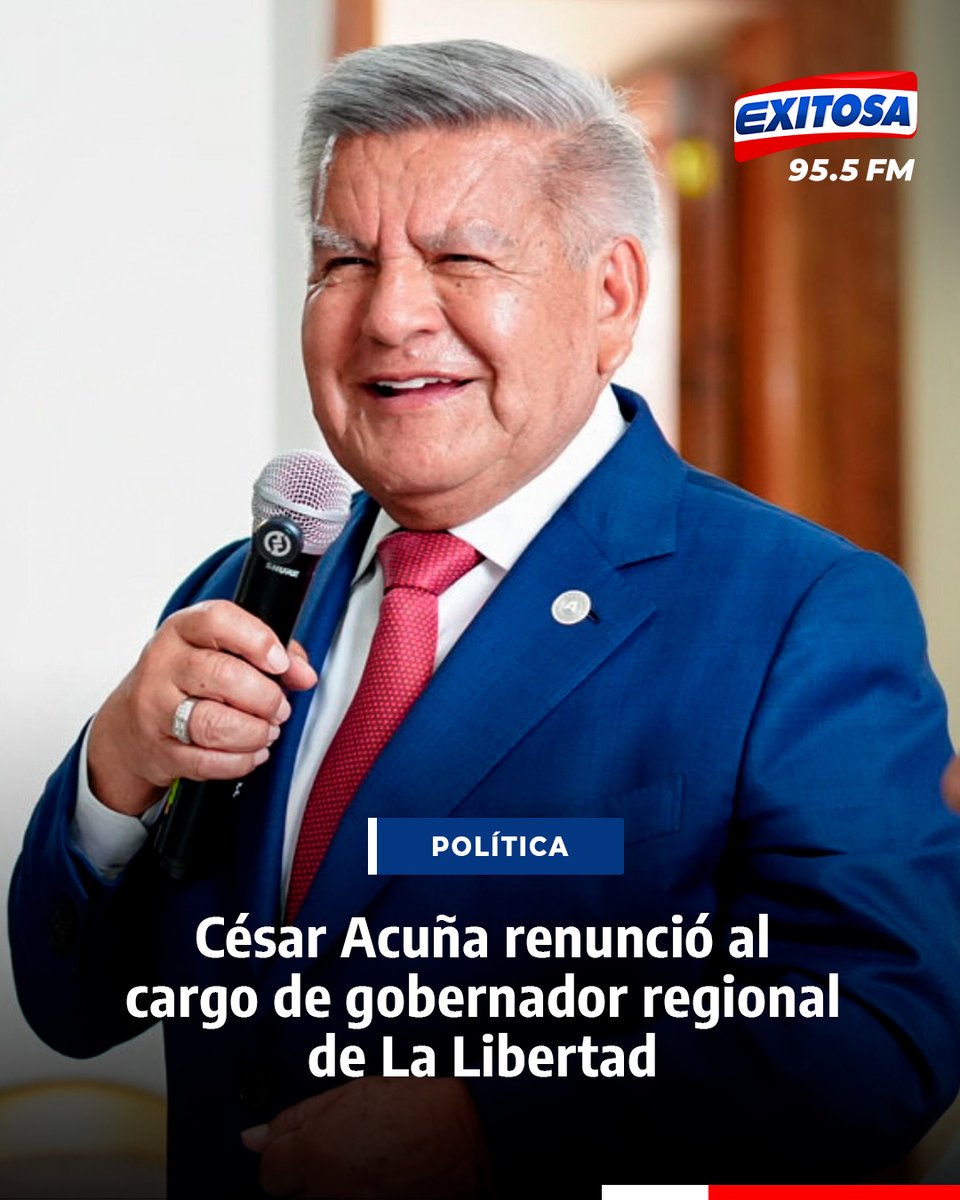 exitosape's tweet image. 🔴🔵 A través de un comunicado, César Acuña Peralta anunció su renuncia al Gobierno Regional de La Libertad. El líder de Alianza Para el Progreso indicó que, con dicha decisión, tiene como objetivo postularse como candidato a la Presidencia de la República.
🌐Más información en:…
