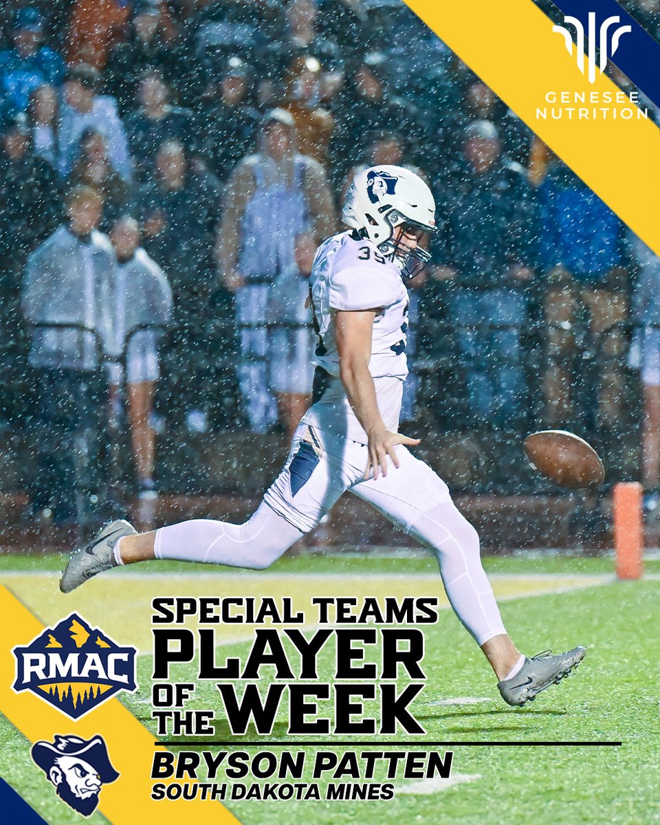 𝙏𝙝𝙚 𝙍𝙈𝘼𝘾 𝙎𝙥𝙚𝙘𝙞𝙖𝙡 𝙏𝙚𝙖𝙢𝙨 𝙋𝙡𝙖𝙮𝙚𝙧 𝙤𝙛 𝙩𝙝𝙚 𝙒𝙚𝙚𝙠!
Presented by Genesee Nutrition

Bryson Patten, South Dakota Mines

Story &gt; rmacsports.org/news/2025/10/1…

#EverythingElevated | <a href="/HardrockerFB/">South Dakota Mines Football</a>