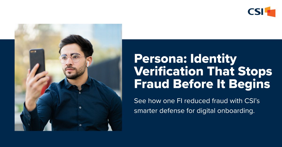 CSIsolutions's tweet image. Fraud often starts at account opening—unless you stop it first. With CSI’s Persona, FIs can verify IDs, stop fraud before it starts, and streamline onboarding.
Smarter defense. Stronger trust. bit.ly/48PDO5K
