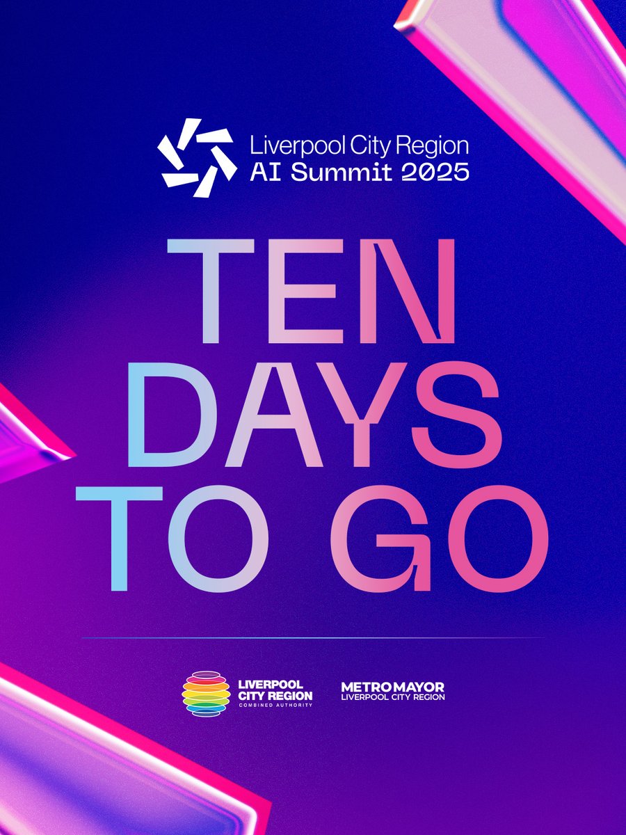 LpoolCityRegion's tweet photo. The countdown is on, with only 10 days to go until the 2025 Liverpool City Region AI Summit takes place ACC Liverpool. 

If you've got your tickets, don't forget to check out the full programme including keynotes, panel sessions, deep dives and 3 new zones to explore. 

The summit is sold out, join the waiting list for the best chance of grabbing a last minute ticket! 

View the programme now - https://t.co/iVO67De1Aa

#LCRAISummit