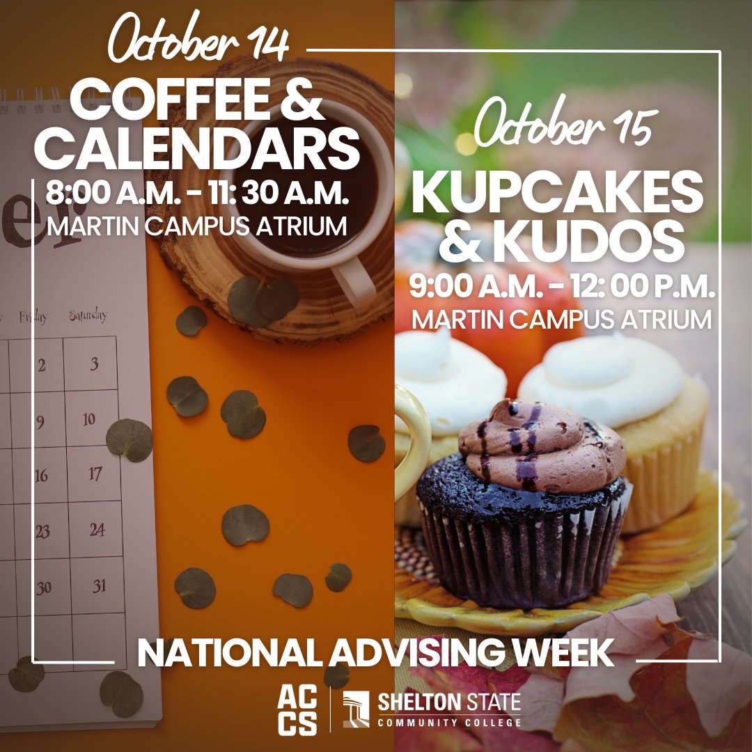 My Shelton State (@sheltonstate) on Twitter photo It's National Advising Week! 📚
Drop by the Martin Campus Atrium this week for Coffee & Calendars and Kupcakes & Kudos to engage with the SSCC Advising Team. They will be on-hand to help with registration, answer questions about degree pathways, and more! It's National Advising Week! 📚
Drop by the Martin Campus Atrium this week for Coffee & Calendars and Kupcakes & Kudos to engage with the SSCC Advising Team. They will be on-hand to help with registration, answer questions about degree pathways, and more!