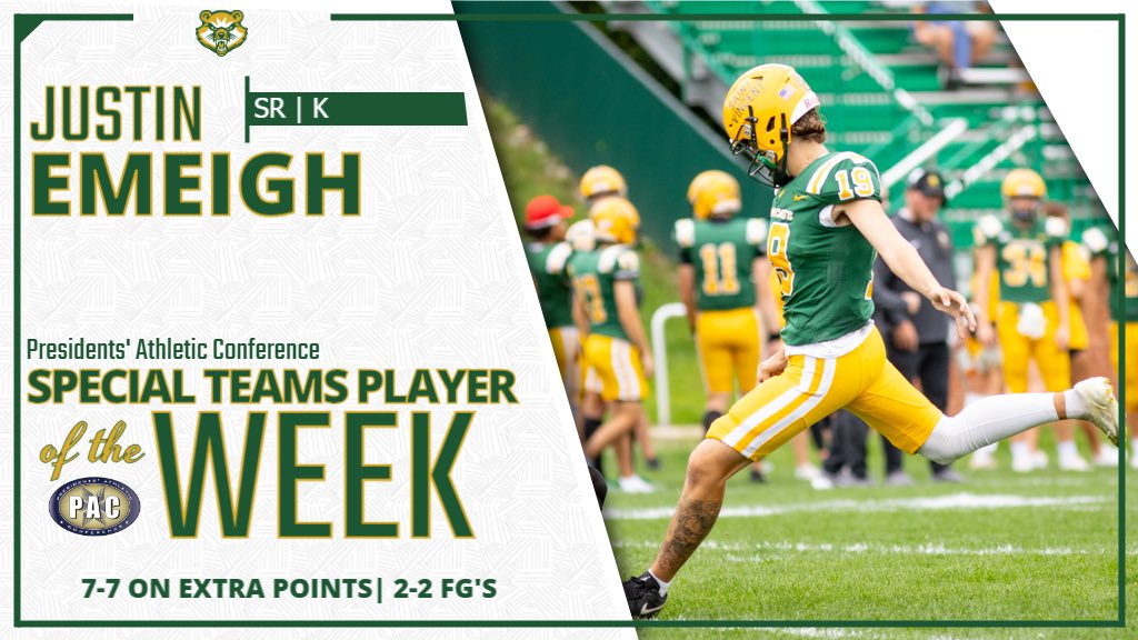 Automatic. 💥
Senior kicker Justin Emeigh has been named PAC Special Teams Player of the Week after going 7-for-7 on PATs and 2-for-2 on field goals for the Bearcats!
<a href="/SVC_FTBL/">Saint Vincent College Football</a>