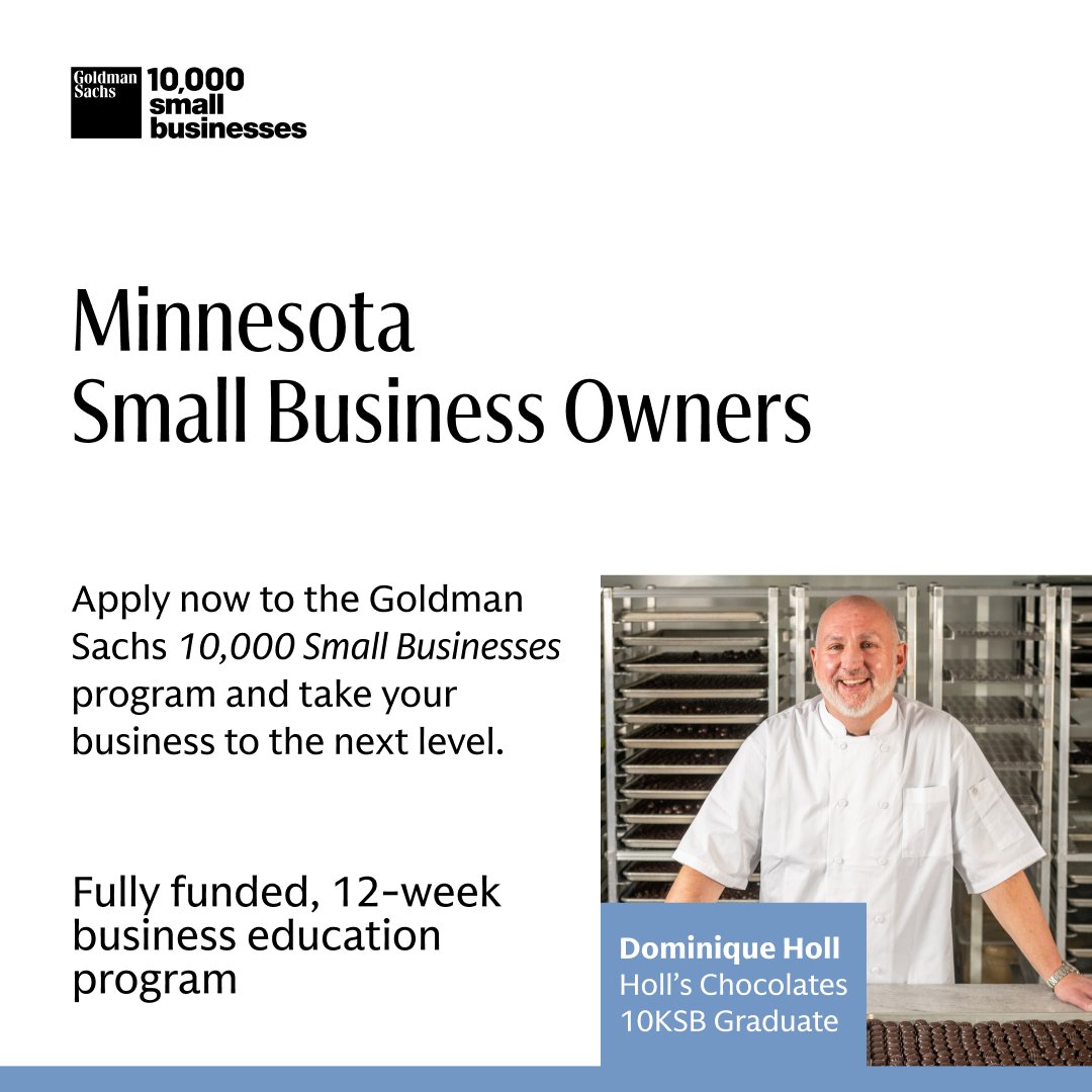 Back in MN: Goldman Sachs 10,000 Small Businesses — a tuition-free, hybrid program for growth-minded owners. Get 1:1 advising, 5-year growth plan, and a 17k-strong alumni network. Results: 66% grow revenue, 44% add jobs. Starts Feb 2026. Apply (<15 min): 
gs.com/10ksb-minnesota