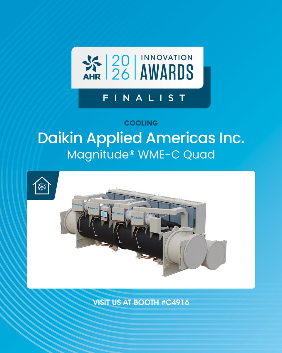ahrexpo's tweet photo. The 2026 Innovation Award Finalists in the category of #Cooling are: BAC (Baltimore Aircoil Company); Daikin Applied Americas Inc.; and Gree Electric Appliances, Inc. of Zhuhai. Tune in next week to see who will be crowned winner! https://t.co/7WBQq3XPVr