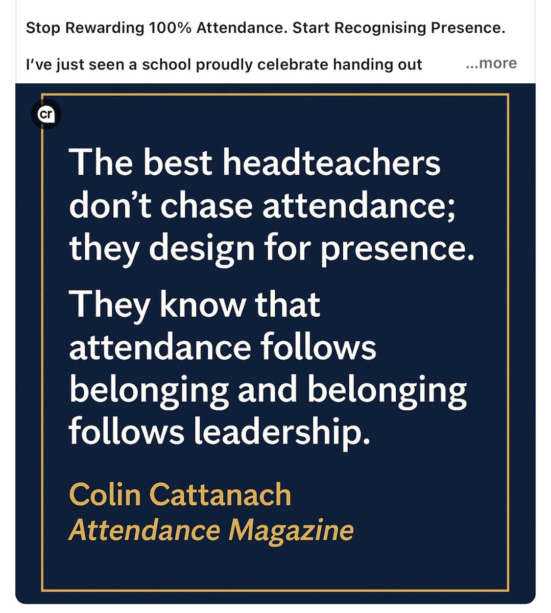 Couldn’t of said it better 👏🏼

At a previous school I was the SLT lead for attendance - We maintained 96% for three consecutive years &amp; were the top 10 schools nationally. It was a whole school culture shift in creating an environment for all students to belong and a team effort.