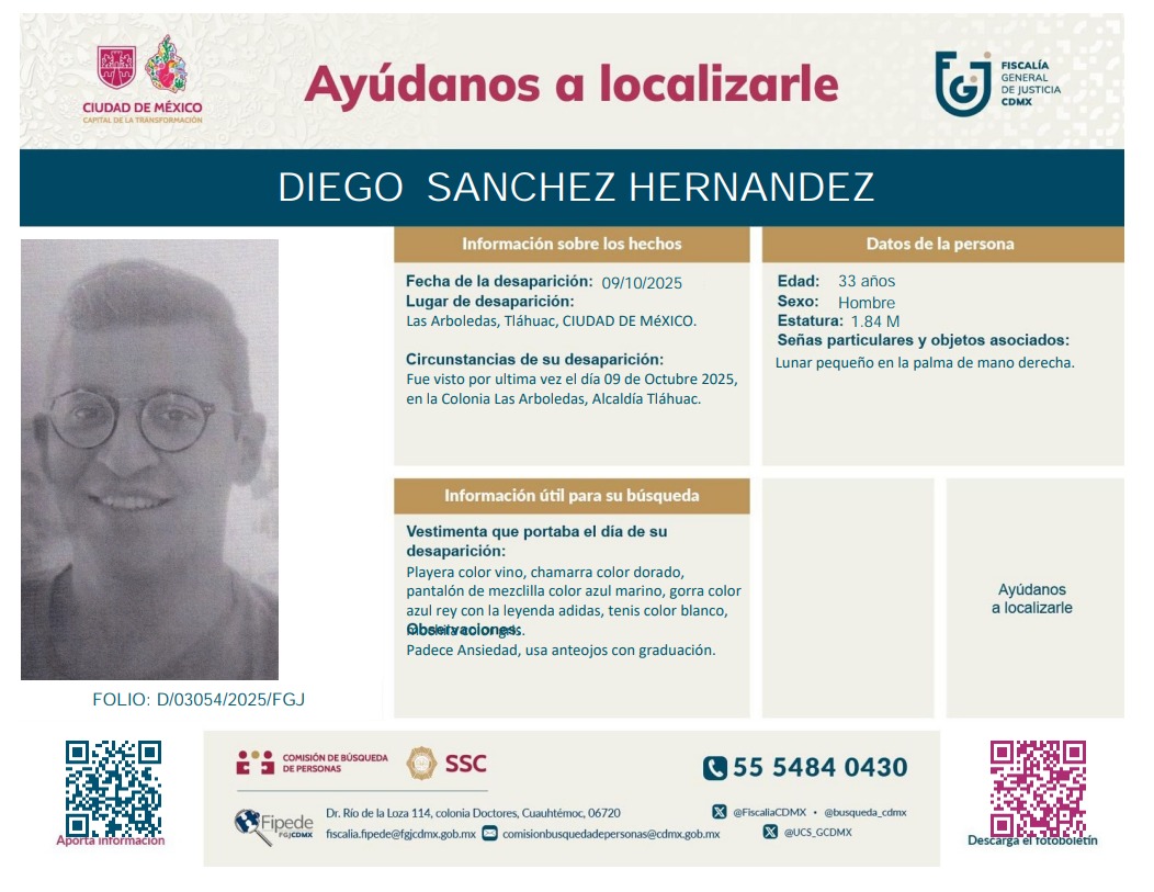 SinLinea_Mx's tweet photo. Servicio a la comunidad 🚨

🔴 Si tienes alguna información sobre el paradero de Diego Sánchez Hernández, comunícate a los teléfonos 55 6357 8079 o al 55 6357 9282 ☎️ | Tu ayuda puede marcar la diferencia 👤 🙏🏻 https://t.co/xYUhpGpfn6