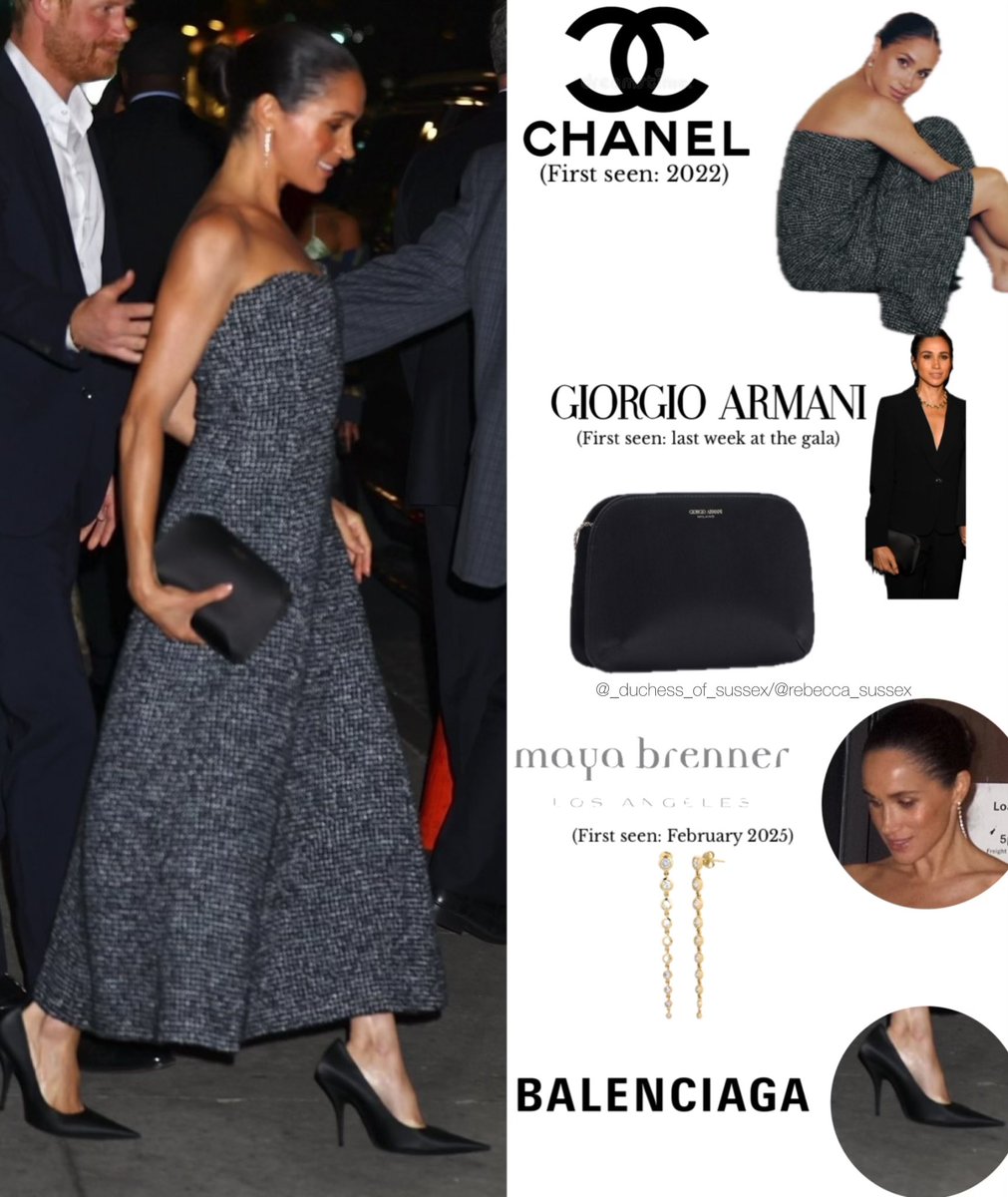 What a couple!😍💍🗽 Meghan &amp; Prince Harry spotted leaving Soho House in New York City with Ed Sheeran. She looked absolutely stunning in the Chanel dress from 2022, Balenciaga clutch seen at last week’s gala, Balenciaga heels&amp; the Maya Brenner earrings Harry gifted her in Feb🥺