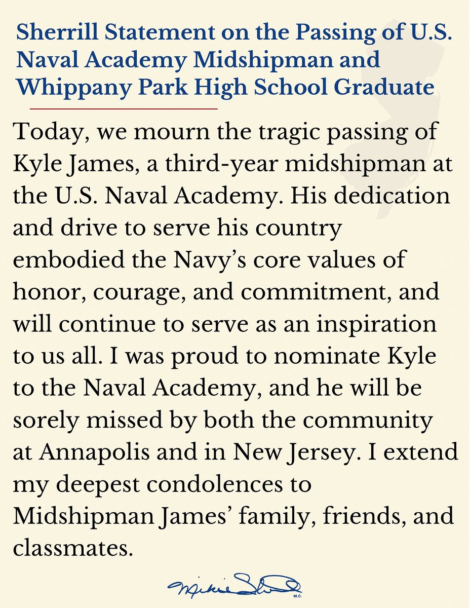RepSherrill's tweet image. My statement on the passing of Kyle James, a U.S. Naval Academy Midshipman and a Whippany High School Graduate.
