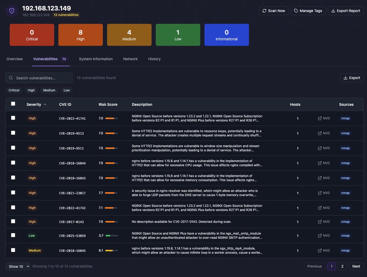 I released <a href="/Sirius_Scan/">Sirius Scan</a> 0.4.0 this weekend. It's the first release of the tool that I'd actually call "complete". Primary focus right now is on stability; here are some of the improvements:
- Network vuln scanning
- Agent-based vuln scanning
- Performance and system monitoring