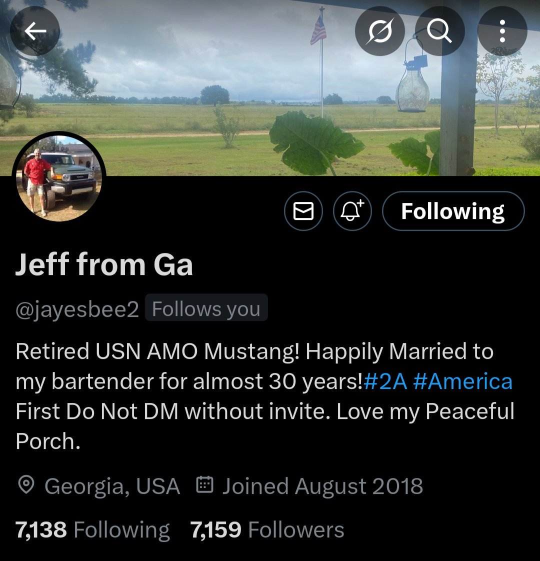 cjrseabee3 (@codyrussel70504) on Twitter photo Hello friends!
Meet my friend <a href="/jayesbee2/">Jeff from Ga</a>
Jeff is a Navy veteran, a great patriot, and a great friend!
Let's make him smile today!
One team, One fight! 🇺🇲 Hello friends!
Meet my friend <a href="/jayesbee2/">Jeff from Ga</a>
Jeff is a Navy veteran, a great patriot, and a great friend!
Let's make him smile today!
One team, One fight! 🇺🇲
