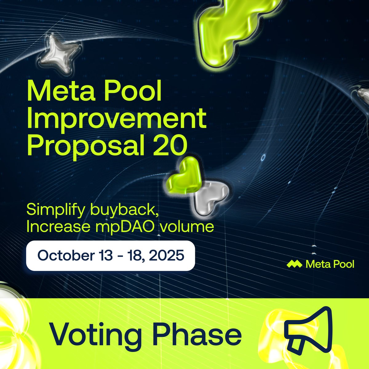 Meta Pool Improvement Proposal 20 has moved to on-chain voting 🗳️

This proposal aims to direct 100% of protocol fees into the $mpDAO buyback program, with rewards distributed in both unlocked and locked mpDAO tokens.

⏰ Voting ends Oct 18

Vote now at: metapool.app/mpip?id=20
