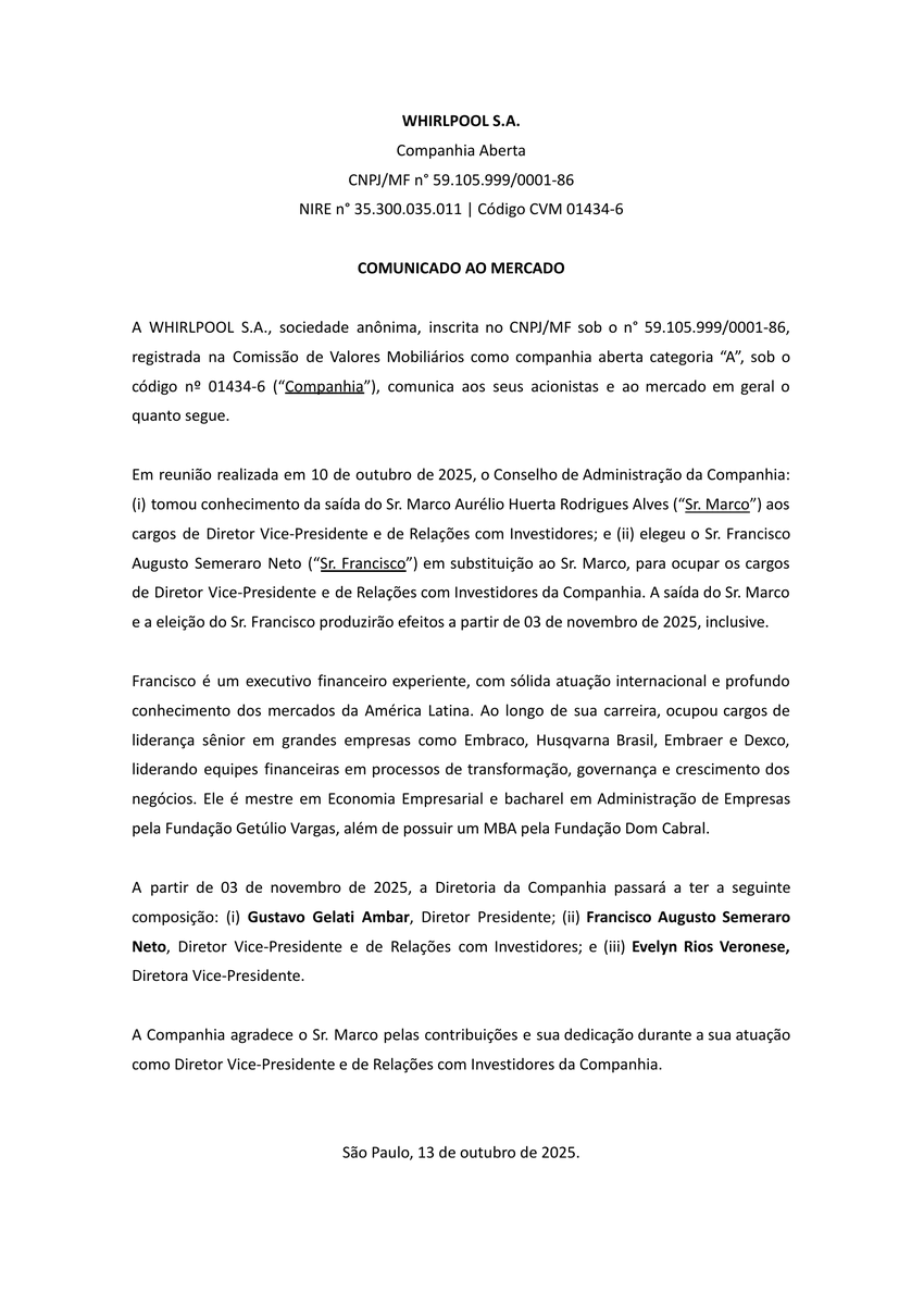 CalixtoCapital's tweet photo. #WHRL4 | WHIRLPOOL | Comunicado ao Mercado https://t.co/d6aCsZFpSF