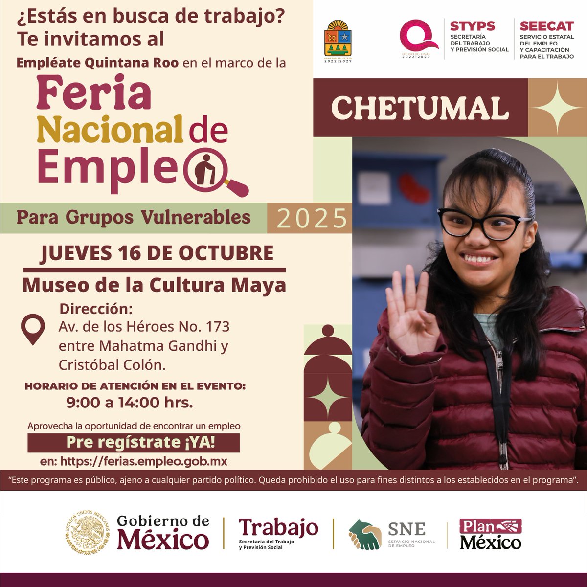 SNEQROO's tweet photo. ¡Atención! #Chetumal📣
Te invitamos a la 𝗙𝗘𝗥𝗜𝗔 𝗡𝗔𝗖𝗜𝗢𝗡𝗔𝗟 𝗗𝗘 𝗘𝗠𝗣𝗟𝗘𝗢 𝗣𝗔𝗥𝗔 𝗚𝗥𝗨𝗣𝗢𝗦 𝗩𝗨𝗟𝗡𝗘𝗥𝗔𝗕𝗟𝗘𝗦 𝟮𝟬𝟮𝟱.
🗓 16 de Octubre. ⏰ 9:00 a.m. a 14:00 p.m. 
📍𝗠𝘂𝘀𝗲𝗼 𝗱𝗲 𝗹𝗮 𝗖𝘂𝗹𝘁𝘂𝗿𝗮 𝗠𝗮𝘆𝗮.
📝 Link de registro en el primer comentario👇 https://t.co/HCzrqFcTW1