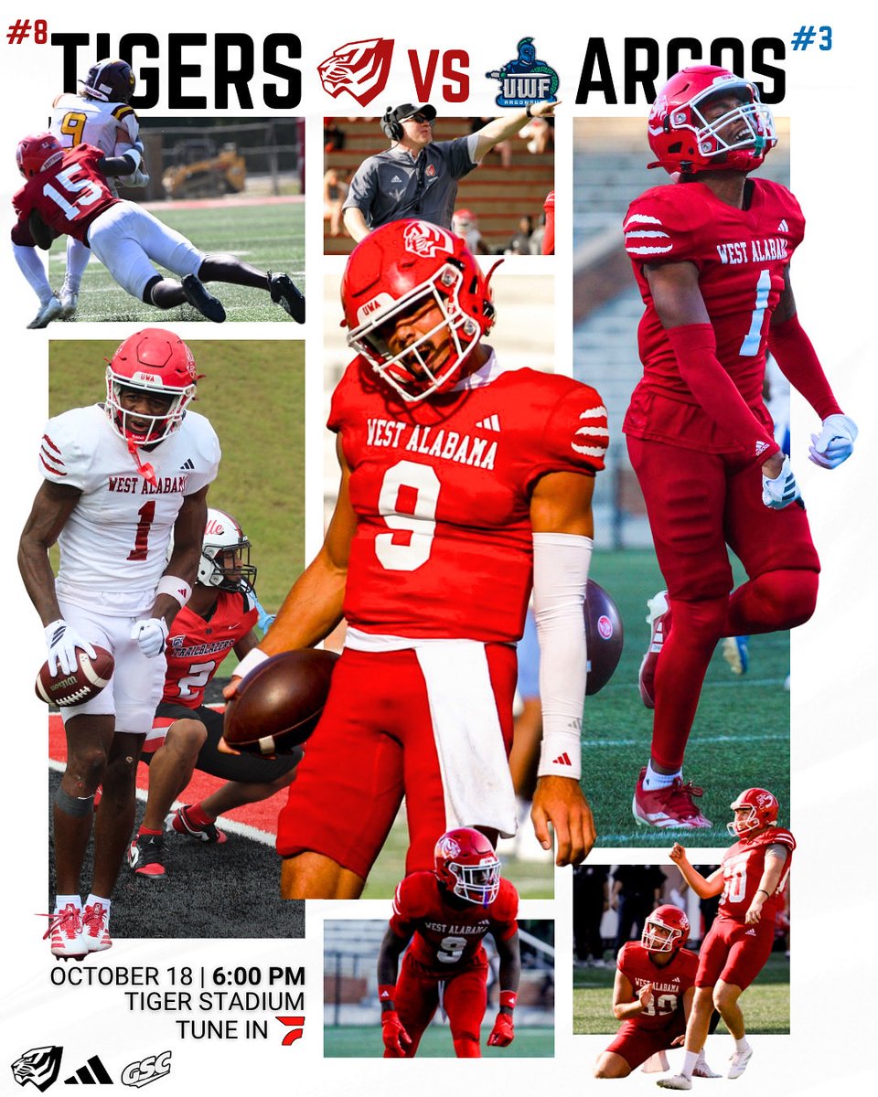 uwa_football's tweet photo. This is what you’ve been waiting for… It’s GAME WEEK 🍿

🗓️: Saturday, October 18
🏈: vs #3 West Florida
🏟️: Tiger Stadium
⌚️: 6:00 PM
📺: FloCollege
📻: https://t.co/Y7jiCP4TT0 https://t.co/wqky9UatBY