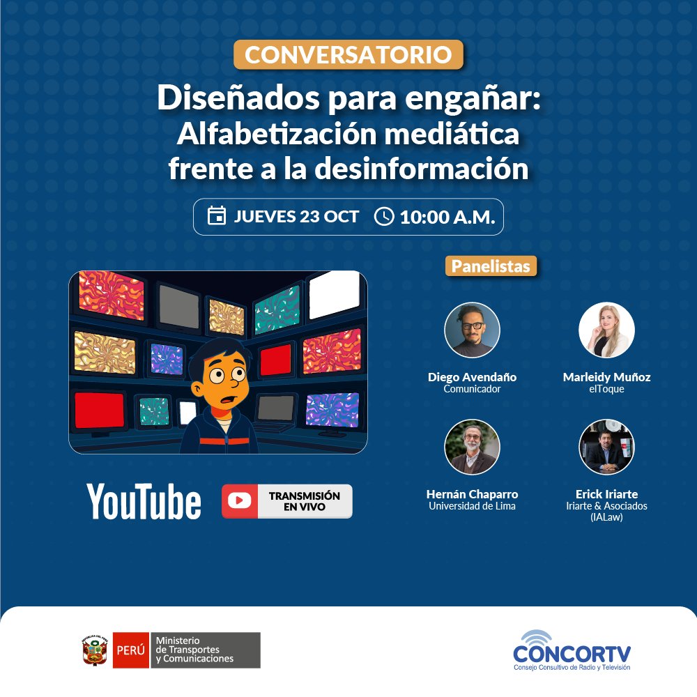 concortv's tweet image. #Conversatorio | Diseñados para engañar:
Participa de este espacio de diálogo sobre el riesgo que representa la desinformación y el papel de las nuevas tecnologías, en la construcción ética y responsable de la información.
📅 23/10
⏰ 10 A.M.
🔗Regístrate: forms.gle/9D5CaxCiCX3bdg…