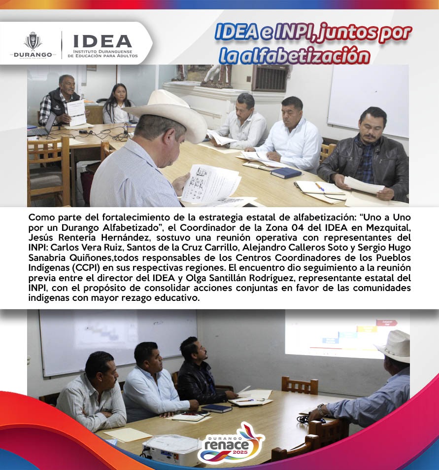 📚✨ IDEA e INPI refuerzan la alfabetización en comunidades indígenas. Trabajamos juntos para que nunca sea tarde para aprender.
#UnoaUno #DurangoAlfabetizado #EducamosConValor #InclusiónEducativa