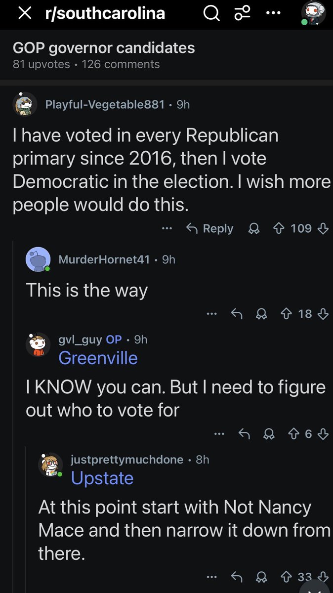🚨Democrats openly strategize on Reddit to vote in GOP primaries specifically to stop <a href="/RalphNorman/">Ralph Norman for Governor</a> and <a href="/RepNancyMace/">Rep. Nancy Mace</a> 

“I have voted in every Republican primary since 2016…”

Open primaries are ruining our state. 

Source — <a href="/AbnerD551655/">AbnerD</a>