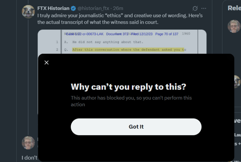 🤬FTX lies persist because unethical reporting outweighs ethical. 
<a href="/zguz/">Zack Guzmán</a> &amp; <a href="/laurashin/">Laura Shin</a> reported facts🫡; <a href="/davidzmorris/">David Z. Morris</a> pushed 🤡false narratives to sell his book, hid behind a “loosely characterized” disclaimer, and blocked me when I posted the court transcript to debunk him.