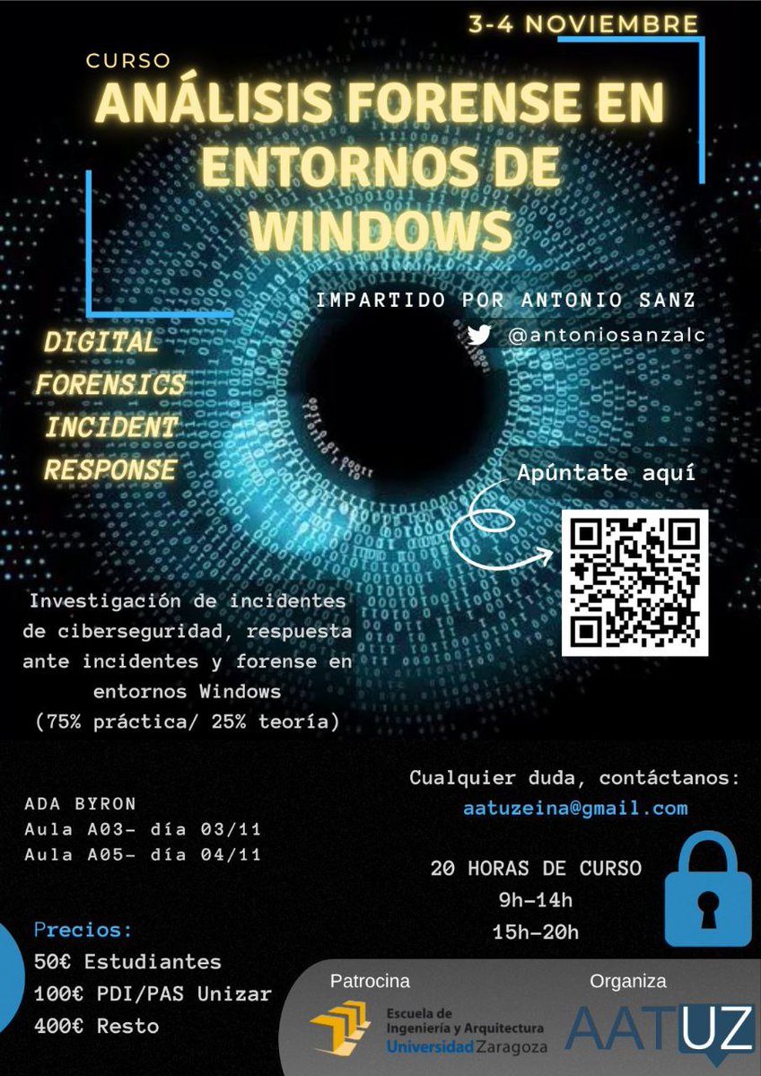 Antonio Sanz (@antoniosanzalc) on Twitter photo Este 3 y 4 de noviembre repito mi curso de #DFIR en Zaragoza en la <a href="/EINAunizar/">EINA Unizar</a>. Intento, denso, y lleno de práctica, y batallitas (el segundo día será un CTF entero). Si os interesa, más info en aatuzeina@gmail.com Este 3 y 4 de noviembre repito mi curso de #DFIR en Zaragoza en la <a href="/EINAunizar/">EINA Unizar</a>. Intento, denso, y lleno de práctica, y batallitas (el segundo día será un CTF entero). Si os interesa, más info en aatuzeina@gmail.com