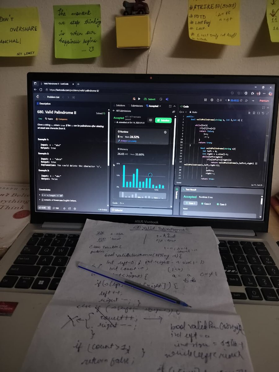 AnchalGupta009's tweet image. Day 22 : Valid Palindrome II 💫
Approach: Two pointers + one delete chance 🔁
Check from both ends, skip wisely, stay balanced ⚖️
A perfect reminder one mistake doesn’t break the whole logic 😉
#LeetCode #CPP #CodingLife #Developer