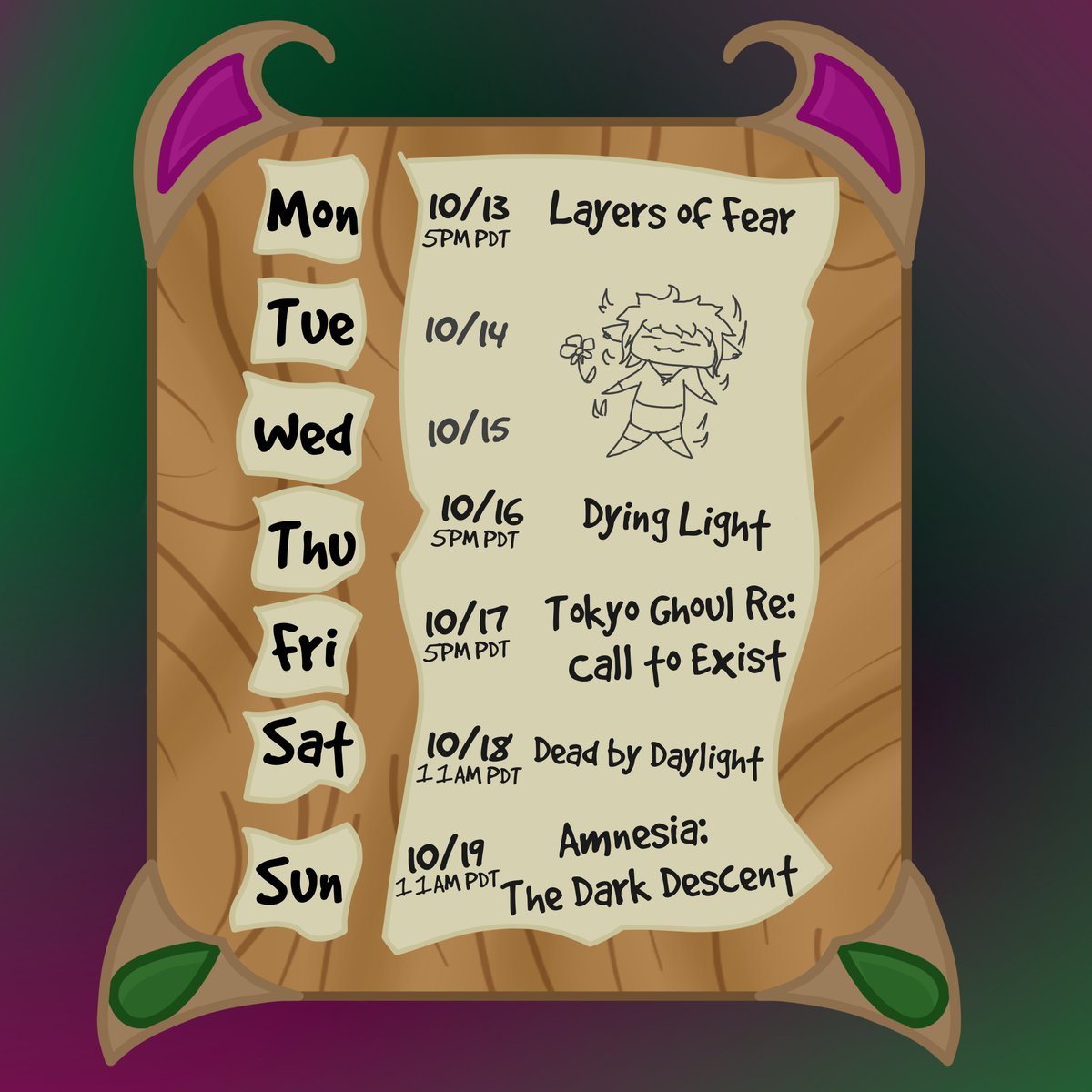 More spooks, more chaos, more SCHEDULE TIME
~
Mon: Layers of Fear at 5pm PDT
Thu: Dying Light at 5pm PDT
Fri: Tokyo Ghoul RE: Call to Exist at 5pm PDT
Sat: DBD at 11am PDT
Sun: Amnesia: The dark descent at 11am PDT
~
#vtuber #envtuber #twitchstreamer #DeadbyDaylight