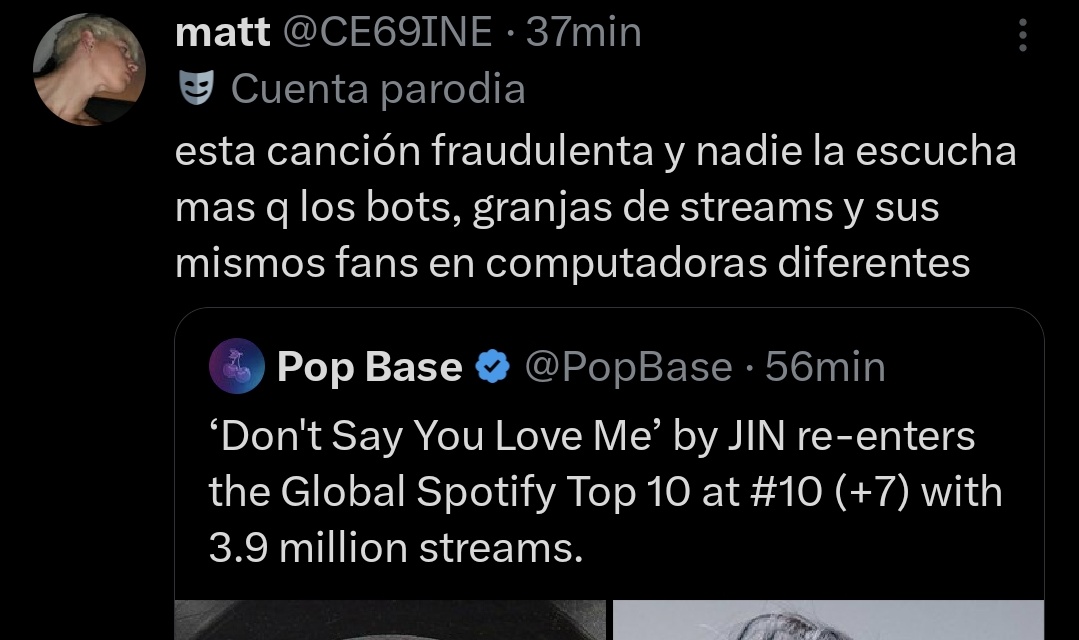 Dónde estan las bots que seguimos dandole stream a esta joya 😍

SIGAN REPRODUCIENDO PARA QUE SE LES REVIENTE UNA VENA Y SE ENOJEN MAS CUANDO TOMEMOS EL RECORD CON DSYLM 🙌🫦