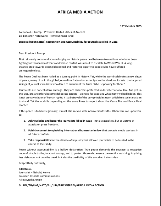 OPEN LETTER TO <a href="/realDonaldTrump/">Donald J. Trump</a> and <a href="/netanyahu/">Benjamin Netanyahu - בנימין נתניהו</a> 
Journalists are not collateral. They were targeted and killed in Gaza. If the irresponsible behavior will be tolerated , it send bad picture for War Journalists. Recognize FREE PRESS . <a href="/UNHumanRights/">UN Human Rights</a> <a href="/cnni/">CNN International</a> <a href="/AJEnglish/">Al Jazeera English</a> <a href="/pressfreedom/">Committee to Protect Journalists</a>